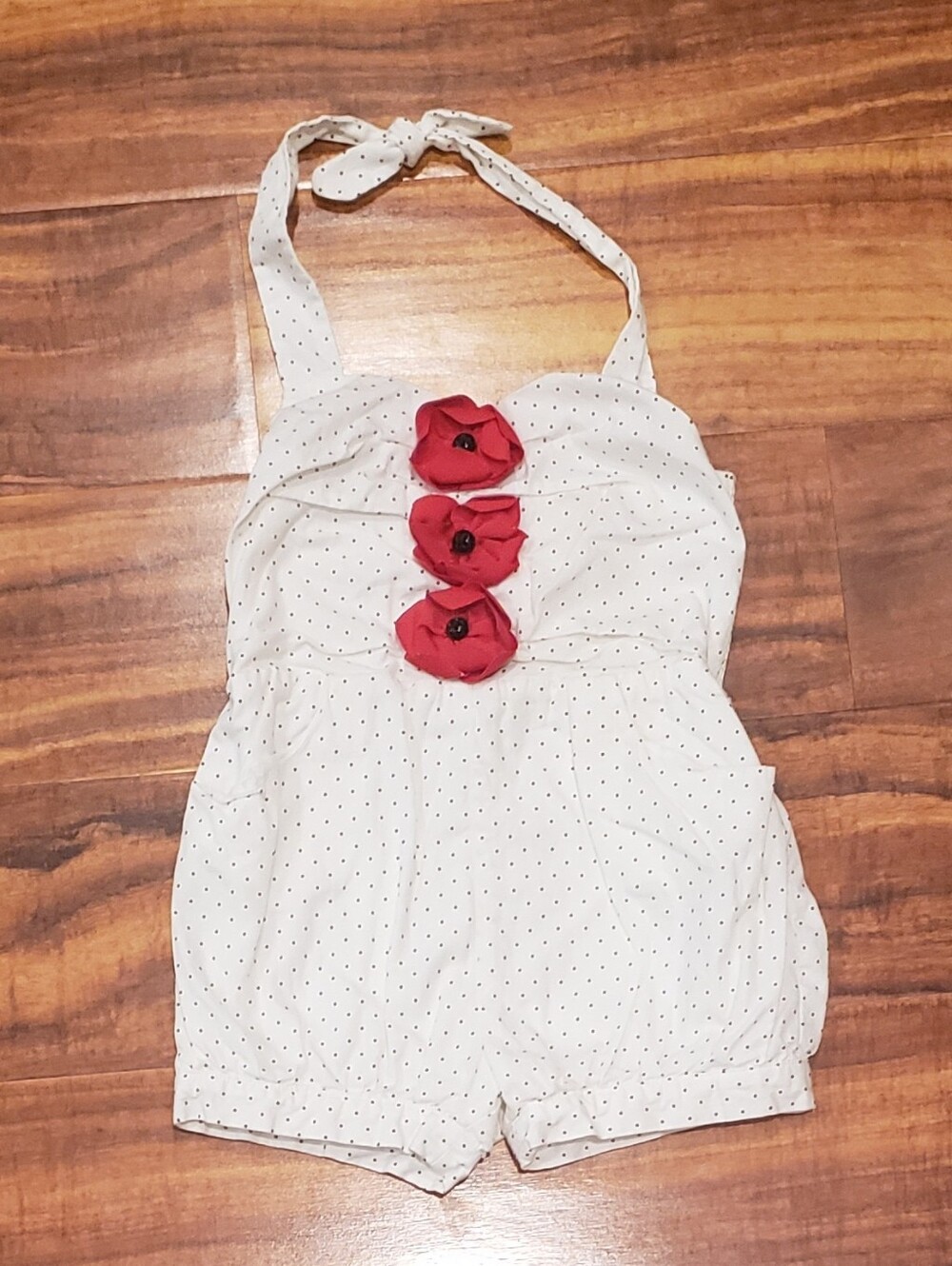 Janie and Jack EUC 2T ivory and black polka dot halter romper w/ floral applique